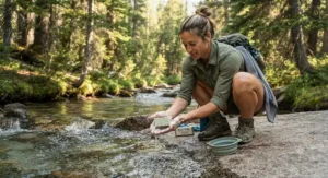 Natural scented biodegradable soap for camping used for personal hygiene in a wilderness setting.