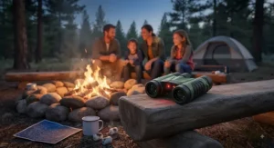 Kids binoculars for camping resting next to a campfire setup during an evening family camping trip.