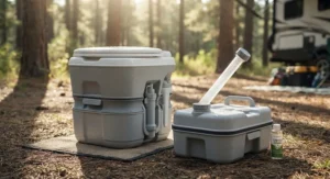 Portable camping toilet with a detachable holding tank and easy-pour spout