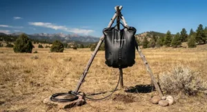 A black solar shower bag absorbing heat from direct sunlight in an open field.