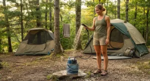 A camper testing a battery-powered portable camp shower with a handheld nozzle near a tent.
