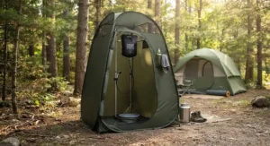 A pop-up privacy shelter set up at a campground with a portable camp shower installed inside.