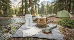 A portable travel bidet bottle paired with a roll of camping toilet paper for backcountry hygiene.