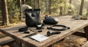 A complete portable camp shower kit including hose, pump, and nozzle laid out neatly on a wooden picnic table.