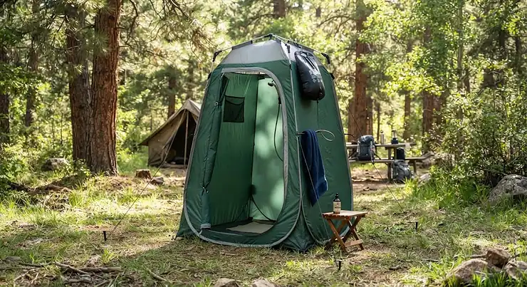 A portable camp shower tent set up at a campsite for privacy during outdoor trips.