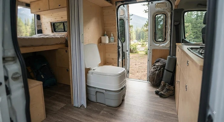 Compact portable camping toilet set up inside a camper van for road trips