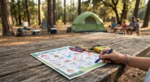 A colorful printable bingo card and crayons sitting on a picnic table at a campsite