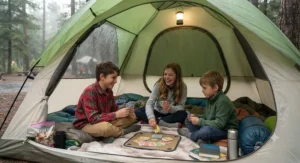 Children playing card games inside a tent on a rainy afternoon while camping
