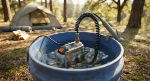 A submersible electric portable camp shower pump resting inside a bucket of water.