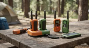 A set of rechargeable walkie talkies for kids camping with a convenient charging station displayed on a wooden picnic table.