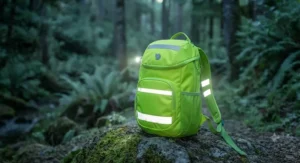 A bright green kids hiking backpack with high-visibility reflective strips for safe outdoor exploration.