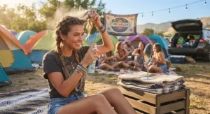 Festival-goer using dry shampoo to refresh her braided hairstyle at an outdoor summer camping music festival in the United States.