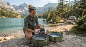 A camper demonstrating the proper distance from a lake to use biodegradable soap for camping to protect water quality.