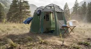A camp_shower tent securely staked down with guy lines and ground stakes on windy terrain.