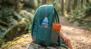 Side view of a kids hiking backpack featuring mesh side pockets holding water bottles.