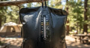 Detailed view of the temperature indicator on a solar shower bag showing the water is ready to use.