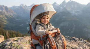 Happy toddler sitting comfortably in a child carrier backpack for hiking with a sunshade canopy