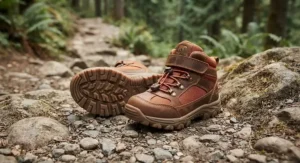 Toddler kids hiking boots featuring durable rubber outsoles for secure traction on rocky paths.