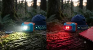 A top-rated kids headlamp displaying red light and white light beam modes