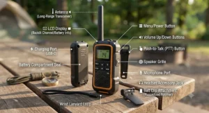 Diagram highlighting key features of a two-way radio for camping like belt clips and push-to-talk buttons
