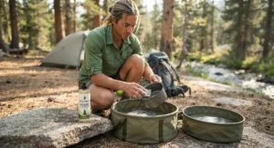 A person practicing Leave No Trace principles while using biodegradable soap for camping to wash dishes.