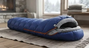 Cozy winter kids sleeping bag featuring an attached hood for extra warmth during cold weather.