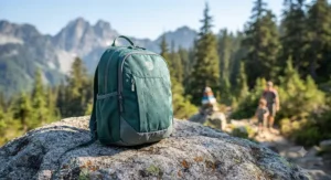 A durable, water-resistant kids hiking backpack resting on a rock during a family mountain hike.