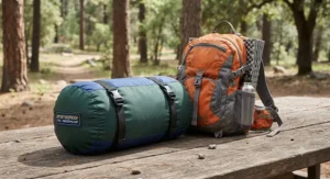 Durable and waterproof kids sleeping bag packed beside a child sized backpack for hiking.