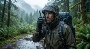 Waterproof two-way radio for camping being used during a rainy backpacking trip