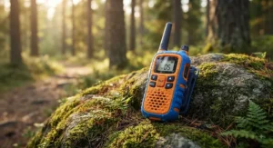A ruggedized, waterproof walkie talkie for kids camping, sitting on a mossy rock in a forest setting.