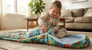 Child easily zipping up their colorful kids sleeping bag while relaxing in the living room.