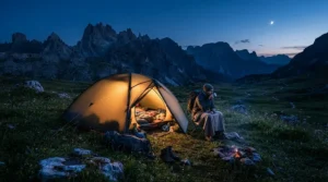 A colorful tent glowing at dusk with a 3-season sleeping bag for backpacking packed outside.