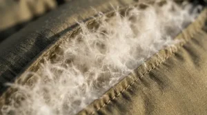 Close-up of fluffy down clusters filling a baffle in a 3-season sleeping bag for backpacking.