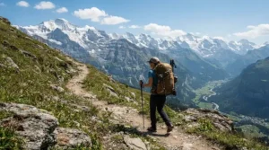 A hiker carrying a 3-season sleeping bag for backpacking strapped to their backpack on a mountain trail.