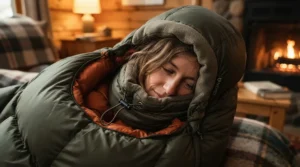 Close-up of the insulated draft collar on a 3-season sleeping bag for side sleepers keeping warmth locked in