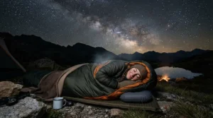 A cold sleeper staying warm at a mountain campsite using a 3-season sleeping bag for side sleepers