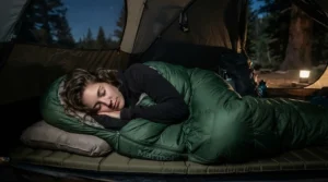 A backpacker curled up in the fetal position inside a durable 3-season sleeping bag for side sleepers