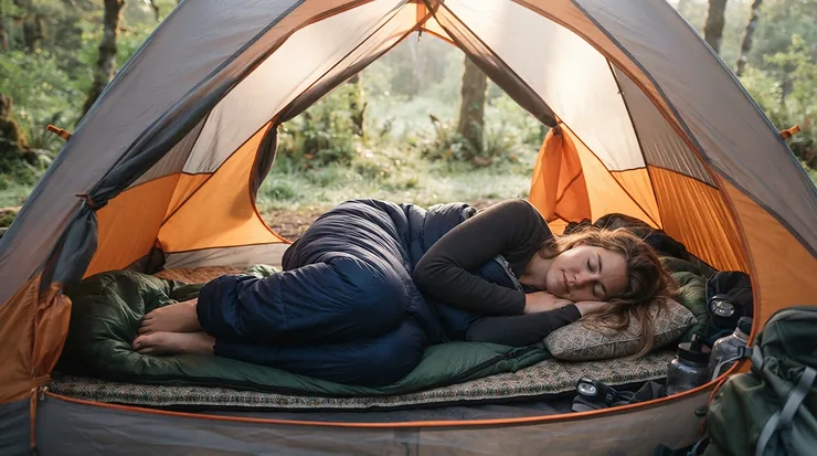A hiker resting comfortably inside a 3-season sleeping bag for side sleepers with knees bent in a tent