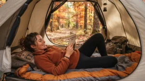 Detail view emphasizing shoulder space in a 3-season sleeping bag for side sleepers during a fall camping trip