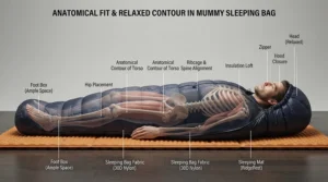 Cutaway diagram highlighting the contoured shape of a 3-season sleeping bag for side sleepers