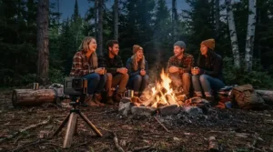 Durable action camera for camping recording a group roasting marshmallows around a glowing campfire