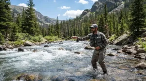 Waterproof action camera for camping mounted on a helmet during a mountain stream fly-fishing trip