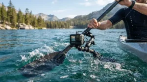 Waterproof action camera for camping attached to a kayak paddle during a river adventure
