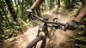 Action camera for camping mounted to handlebars during a rugged mountain biking descent