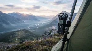 Compact action camera for camping mounted on a tent pole overlooking a mountain valley at sunrise