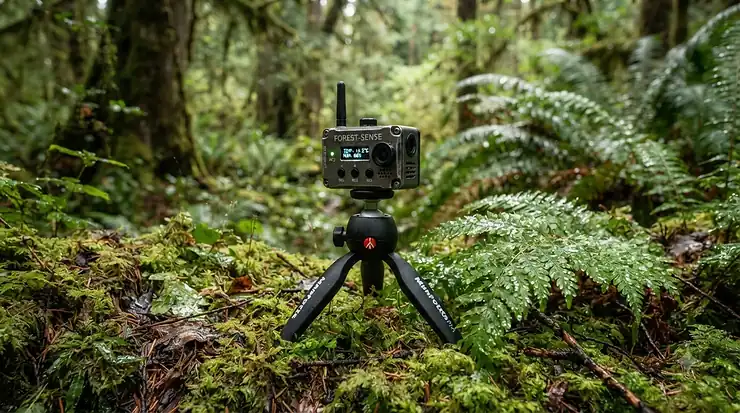 Action camera for camping set up on a tripod to record wildlife in a dense forest