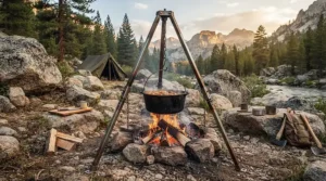 An adjustable campfire tripod for cooking set up over a roaring campfire in the mountains.
