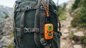 Backpacker carrying an emergency beacon PLB securely attached to a shoulder strap