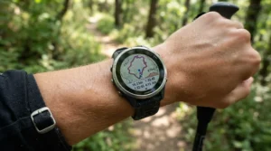 Close-up of a GPS watch for hiking displaying topographical navigation data during a backcountry trek.