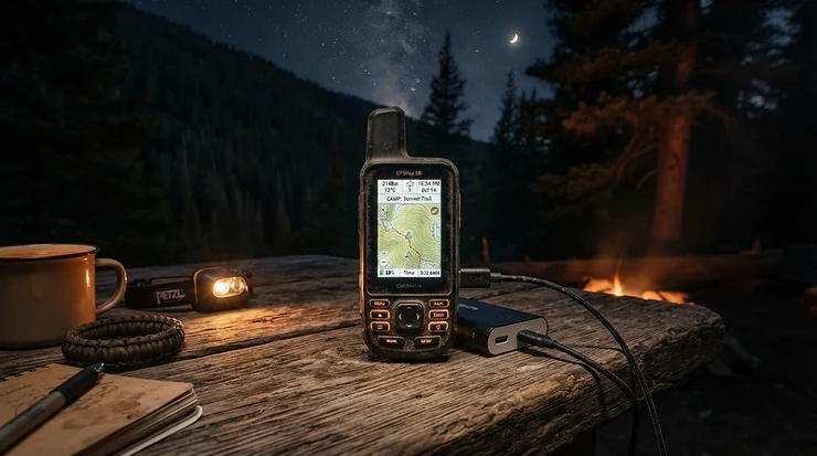 The best portable weather station for camping displaying atmospheric readings on its backlit screen at a wooded campsite after dark.